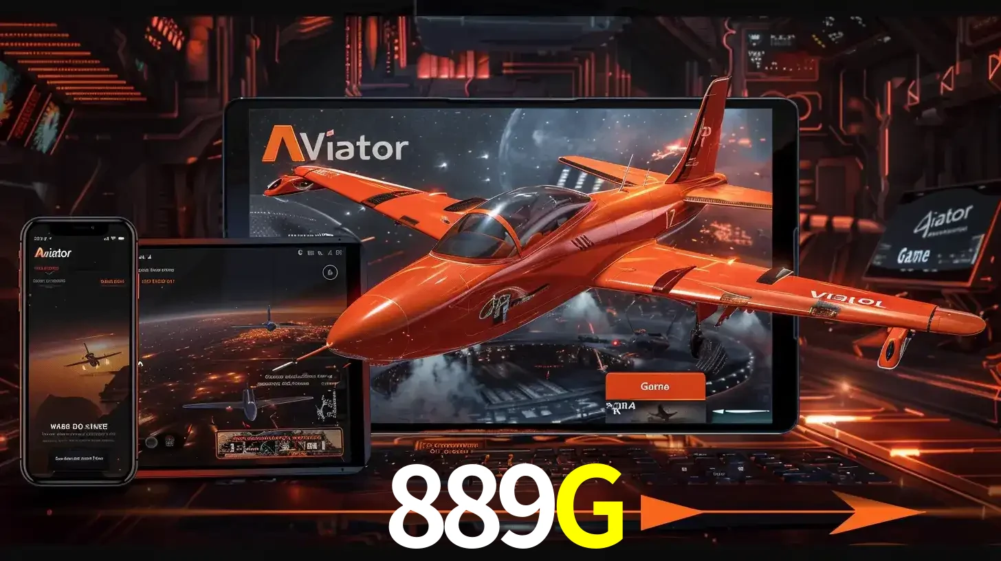 Apresentação tecnológica do jogo Aviator com um avião saindo da tela de um tablet, demonstrando a experiência imersiva em múltiplos dispositivos no 889G.