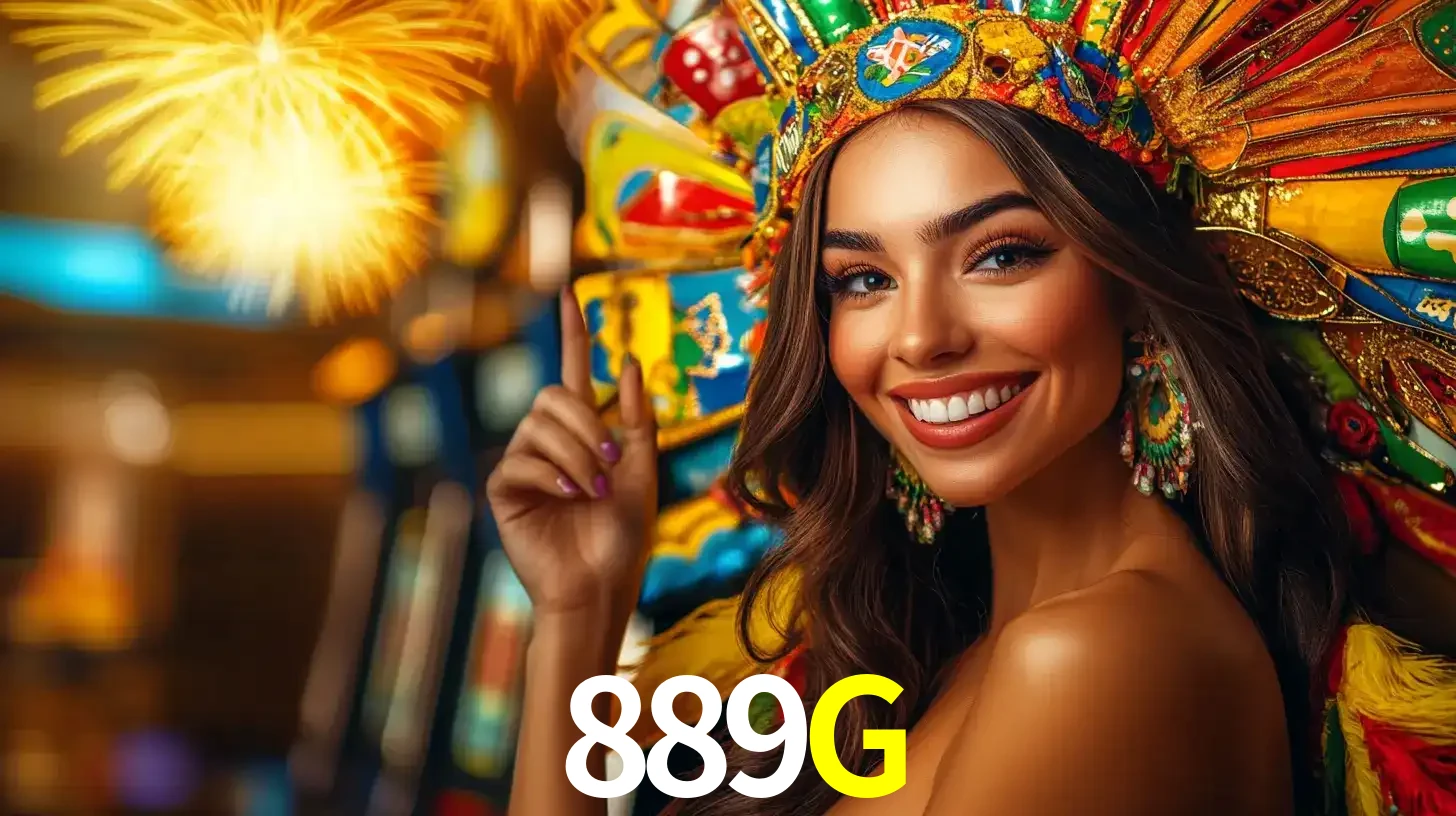 Mulher sorridente com um cocar de carnaval vibrante e colorido, celebrando uma grande vitória nos jogos do cassino 889G com fogos de artifício ao fundo.