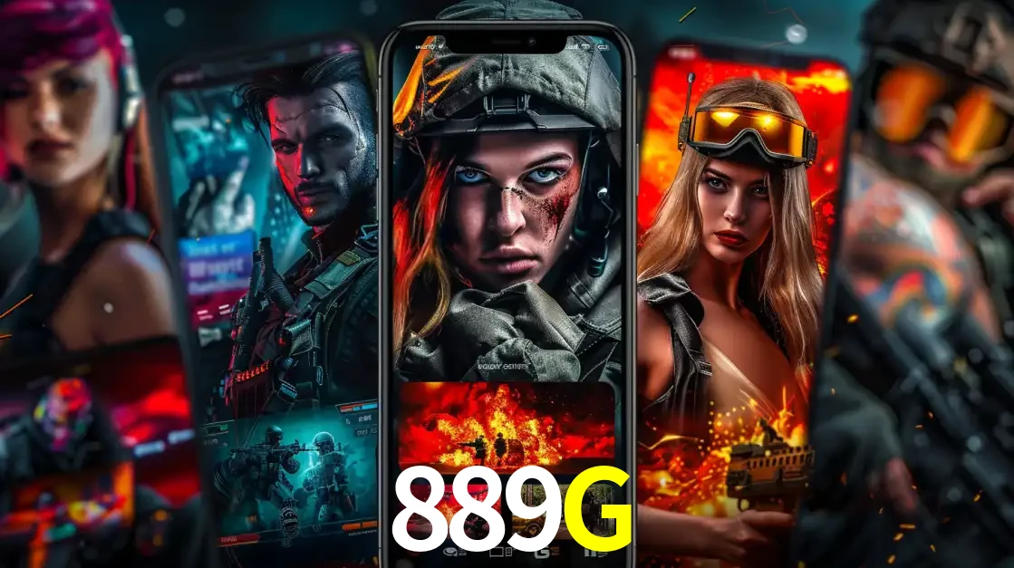 Montagem de telas de celular mostrando diversos personagens, masculinos e femininos, de um jogo de tiro, ilustrando a diversidade de equipes de e-sports para apostar no 889G.