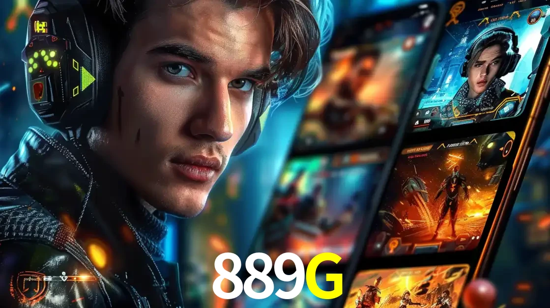 Jovem jogador com fones de ouvido olhando para a câmera, com um aplicativo de jogos e e-sports para celular ao fundo, pronto para a competição e apostas no 889G.