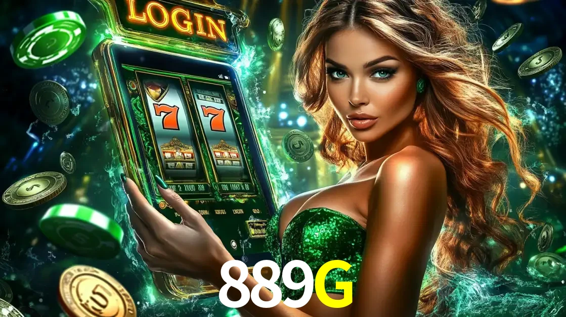 Mulher com tema verde apresentando o aplicativo do cassino 889G com um jogo de slot de 777, cercada por fichas de cassino e uma aura de sorte.