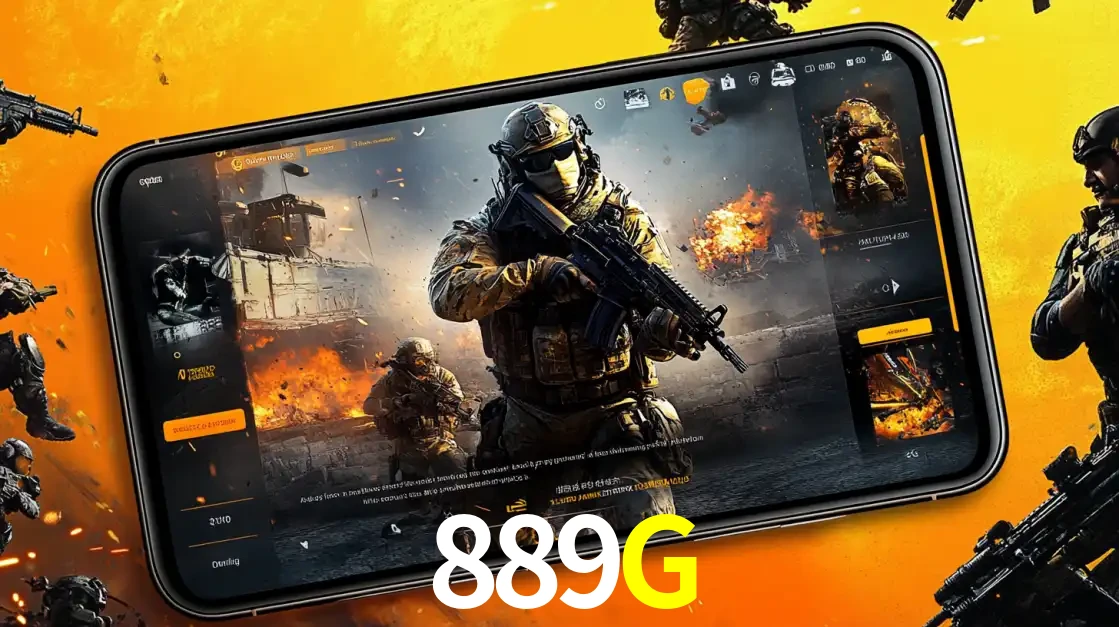 Um smartphone exibindo a interface de um jogo de tiro em primeira pessoa, com um soldado em um cenário de batalha, representando a ação dos e-sports para apostar no 889G.