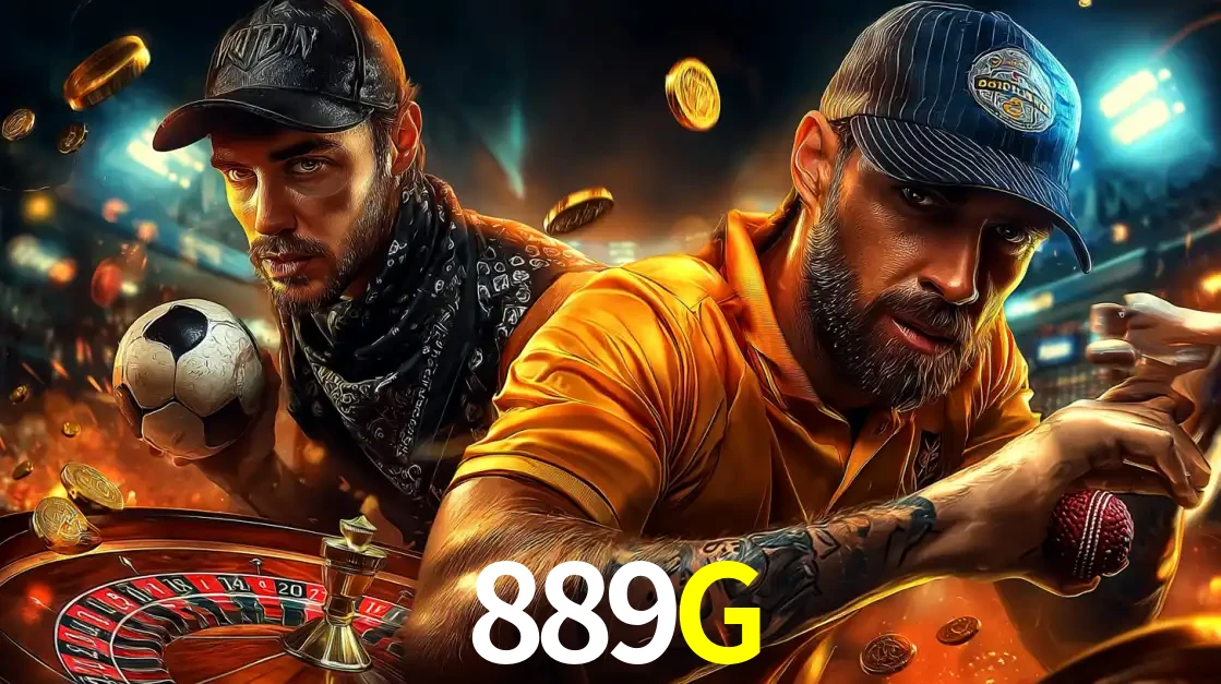 Montagem de apostas esportivas e cassino no 889G, com um homem segurando uma bola de futebol e outro uma de beisebol sobre uma roleta e moedas voadoras.