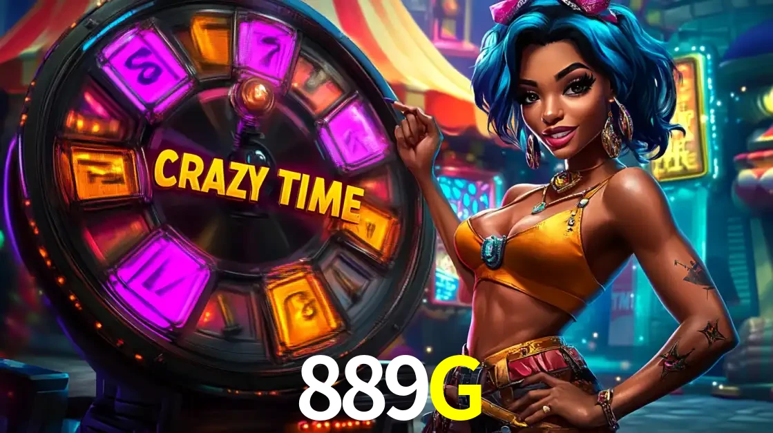 Mulher estilizada com cabelo azul e visual vibrante posando ao lado da roda de prêmios do game show Crazy Time, convidando para a diversão e os bônus do cassino 889G.