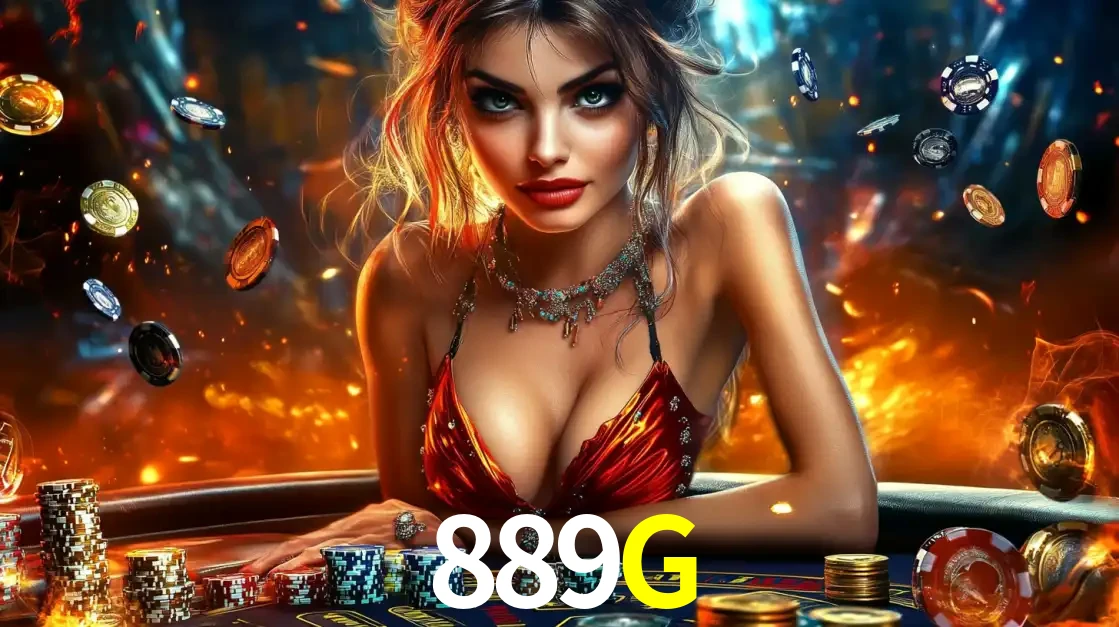 Mulher em uma mesa de cassino com pilhas de fichas e um fundo de fogo, pronta para uma rodada de altas apostas nos jogos de mesa emocionantes do cassino 889G.