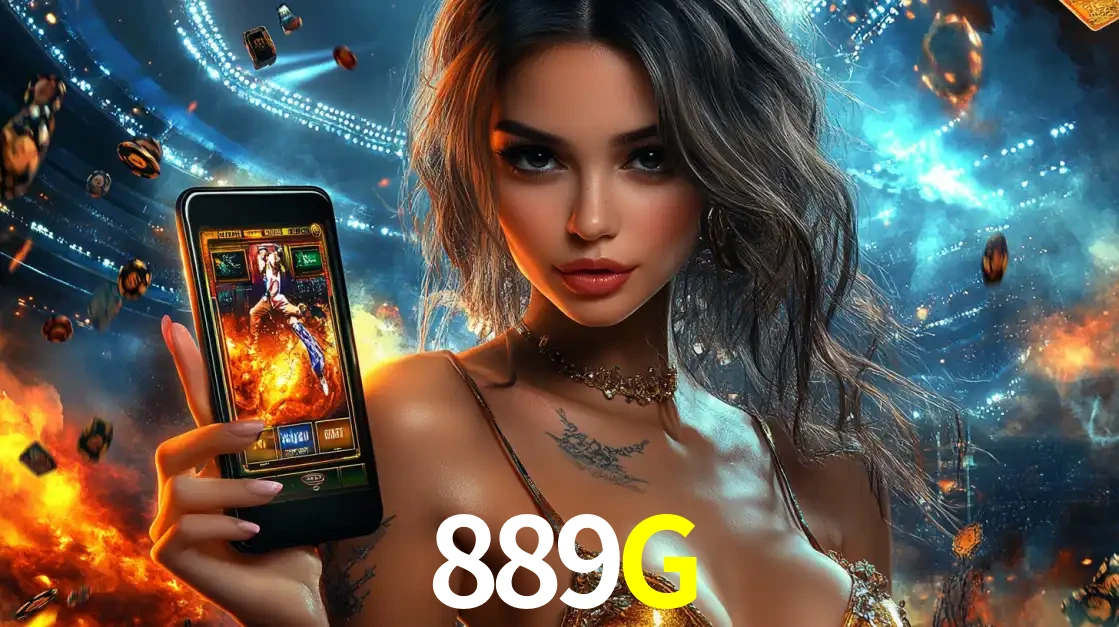 Mulher segurando um celular com um jogo de slot em destaque, tendo como fundo um estádio vibrante, simbolizando a emoção de jogar no cassino móvel 889G.