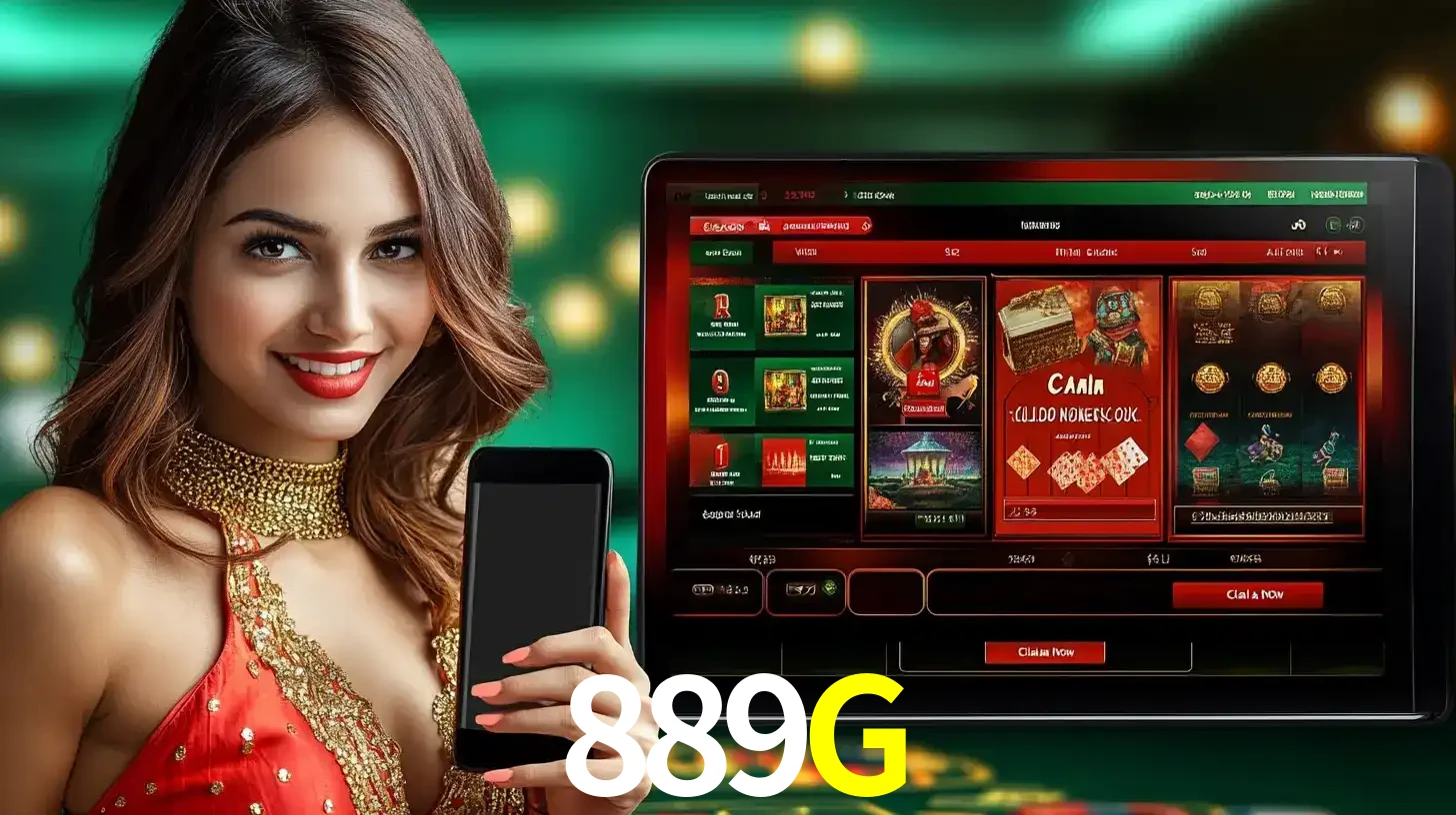 Mulher sorridente segurando um smartphone, ao lado de uma tela exibindo o lobby de jogos do cassino online 889G, com várias opções de jogos de cartas e slots.